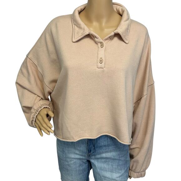 Aerie Fleece Of Mind Cropped Polo Sweatshirt Pink Collared Oversized Size L - Picture 3 of 9
